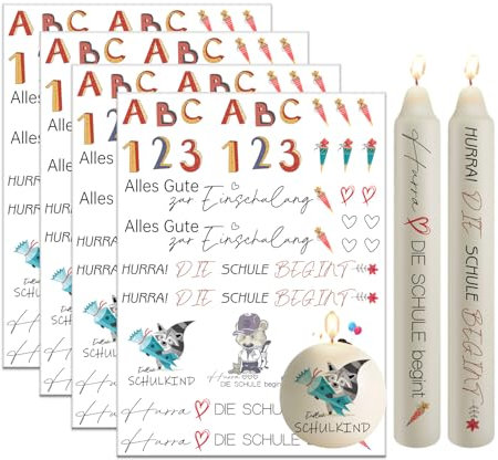 Bolosa 4 Stück Kerzentattoos Einschulung, Rub on Sticker Einschulung, Wasserschiebefolie Einschulung, Kerzentattoo Einschulung, Kerzen Folie Einschulung, 19x14cm Kerzen Tattoo(Einschulung 3)