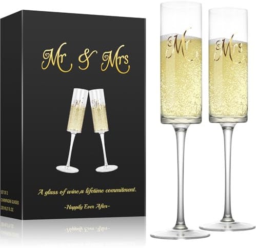 Mlijzard Champagne Flutes Set of 2, Mr and Mrs Gifts, Edge Champagne Glasses, Wedding Gifts for Bride and Groom Couple Anniversary, Birthday, 200ml 7Oz Square Champagne Flutes