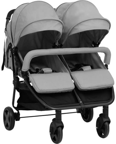 Ailgely Geschwisterwagen Zwillingsbuggy klappbar für 2 Kinder, Zwillingswagen nebeneinander, Geschwister Kinderwagen kompakt zusammenklappbar, Hellgrau und Schwarz Stahl