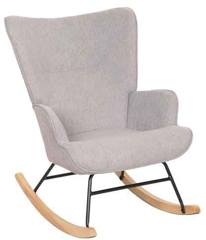 Mendler Schaukelstuhl HWC-N14, Schwingstuhl Relaxsessel Fernsehsessel, Massiv-Holz Metall Stoff/Textil 320g/m² - hellgrau