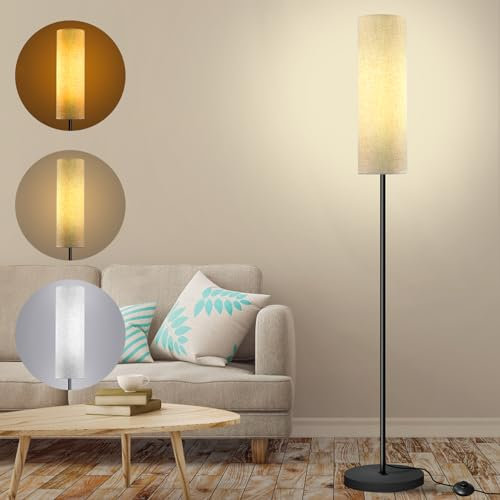 Lampadaire salon livré avec une ampoule E27 12W, lampadaire LED dimmable avec 3 températures de couleur, abat-jour en lin, interrupteur au pied, adapté pour chambre à coucher, lecture, bureau, etc.