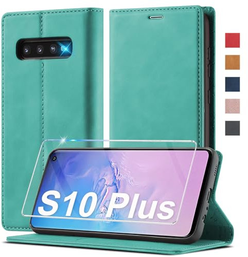 Handyhülle für Samsung Galaxy S10 Plus Hülle Leder [Mit Schutzfolie] für Samsung Galaxy S10 Plus Hülle Klappbar Leder Flip Wallet 360 Stoßfeste Case Schutzhülle Klapphülle für Samsung S10 Plus Holster