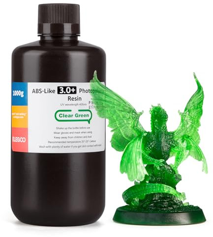 ELEGOO ABS-Like Resin 3.0 Plus, Verbessertes 3D-Drucker Photopolymer Harz, Höhere Hitzebeständigkeit, Schnelle Aushärtung, Hohe Präzision, Nicht Spröde, Klargrün 1000g