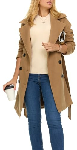 Steve Madden Trenchcoat für Damen - Zweireihiger langer Wintermantel aus Kunstwolle, CAMEL, Small