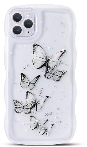 NITITOP Compatible with iPhone 11 Pro Case Cute Clear for Women Girls Butterfly Bling Glitter Sparkling Star Wave Curly Frame Soft TPU Shockproof Camera Protective Cover - White