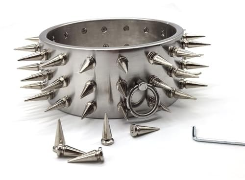 Soarvlorfy 6 cm Höhe Schwere Halsfessel Edelstahl Abschließbar Halsreif Halsband mit Dorn 2 Reihe Abnehmbare Spike Metall Choker Sex Halsbänder BDSM Sklaven Bondage Sex Spielzeug,Silber,Ø 13.7cm