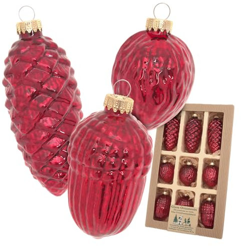 Krebs Glas Lauscha - Weihnachtsdekoration/Christbaumschmuck aus Glas - Antic Mercury Sortiment Zapfen/Eichel/Nuss - Menge: 9 Stück - Farbe: Rot - Größe: ca. 6-10 cm