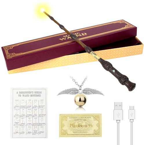 WDKXCN Elderstab Harry P-Otter Glühen, 38CM Dumbledore Zauberstab mit Licht, USB Aufladung Zauberstab Dumbledore in Geschenkbox mit Zauberspruch-Karte, Stationsticket und Halskette