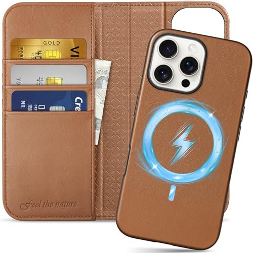 SHIELDON Cover Staccabile per iPhone 16 Pro Max, Custodia Flip Magnetica 2 in 1 in Vera Pelle [Blocco RFID][Cavalletto] Custodia per Telefono Compatibile con iPhone 16 Pro Max 6.9, Marrone Sella