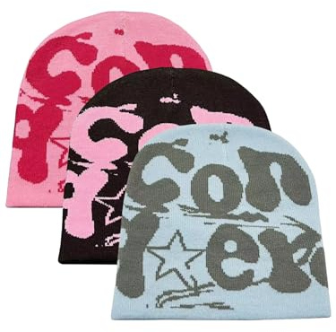 Slouch Beanie Mütze mit Wolle Hochwertige Strickmütze mit Smiley Patch Stickerei Muster für Damen Mädchen Jungen Hat OneSize warm und weich für Frühling Herbst und Winter