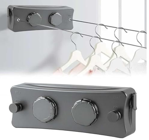 Tendedero retráctil para interiores, para colgar en la pared, ahorra espacio, para balcón, baño, ropa seca y húmeda, 16 pies (gris, 11 x 2 x 4 pulgadas)