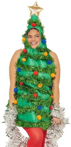 FeMereina Weihnachtsbaumkostüm, ärmellos, mit Kapuze, roter Plüschball, Lametta, Weihnachtsbaumkostüm für Erwachsene, Weihnachtsbaum-Outfit für Erwachsene (grün, Einheitsgröße)