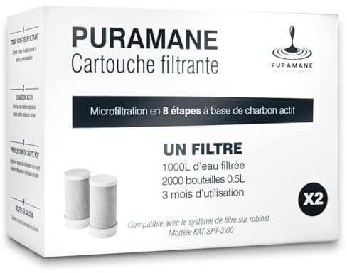 Puramane - Marque Française : Cartouche Filtrante pour Filtre Eau Robinet, Charbon actif, Purificateur d'eau multi-étapes, Filtration instantanée Anti Calcaire, X2 filtres inclus