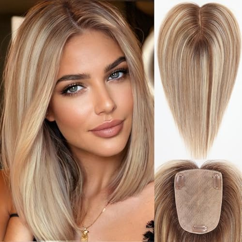 HAIRCUBE menschliches Haar Toppers für Frauen Echtes menschliches Haar Keine Bangs 4 * 5,5 Zoll Basis 12 Zoll Braun mit blondem Highlight HairTopper für Frauen mit verdünnender Haar