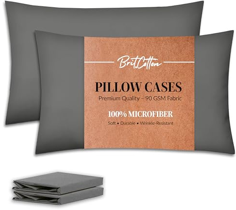 Brit Cotton-Grey Pillow Cases 2 Pack-1800 Super Soft 100% Brushed Microfibre Pillowcases-Envelope Closure-Non Iron,Breathable,Fade & Stain Resistant - Standard Size (50x75cm) Pillow Covers