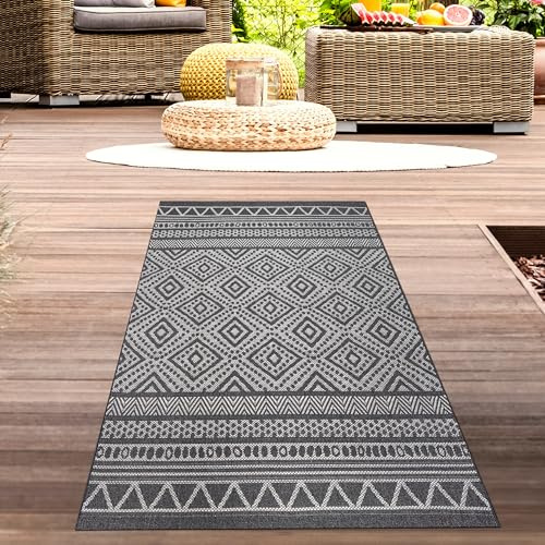 CARPETIA In- & Outdoor Teppich Ethno-Muster Anthrazit Creme 80x150 cm | Pflegeleicht, UV-beständig, wetterfest, formstabil und schmutzabweisend, für Fußbodenheizung, Balkon & Terrasse