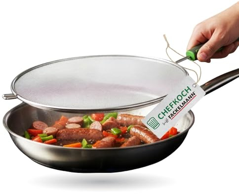Chefkoch trifft Fackelmann Spritzschutz Ø29 cm – aus Edelstahl mit ergonomischem Soft-Touch-Griff, spülmaschinengeeignet, Spritzschutzdeckel gegen Öl-, Wasser- und Fettspritzer