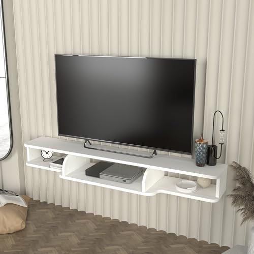 [en.casa] TV Lowboard hängend Aar Schweberegal für Fernseher Wohnzimmer Medienregal mit 3 offenen Fächern 135 x 30 x 16 cm Weiß