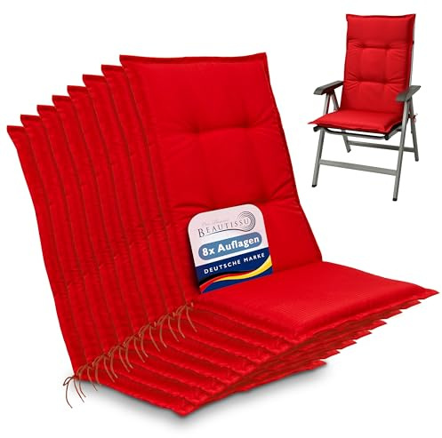 Beautissu 8er Set Hochlehner Auflagen Sitzkissen Rückenkissen Stuhlkissen | 120x50x6cm Rot Sitzpolster Hochlehnerauflage für Gartenstühle Gartenstuhlauflage Polsterauflage Base HL