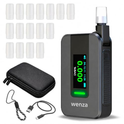 WENZA Alcoholimetro Homologado España con 16 Boquillas - Sensor Electroquímico de Alta Precisión con Pantalla LDC en Español- Etilometro Digital Recargable - Test alcoholemia Portátil