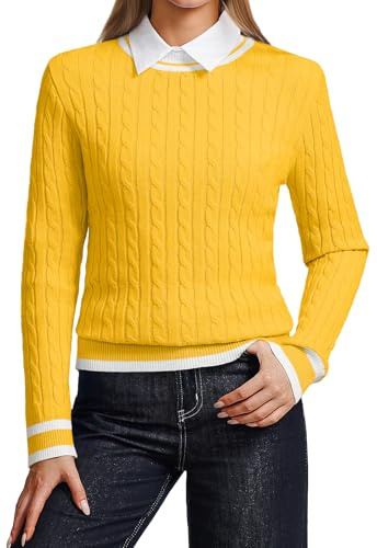 YUNDAI Womens Cable Knit Crewneck Long Sleeve Lightweight Casual Jumper | Soft cable knit sweater with contrast trim, crewneck cut, lightweight relaxed fit for spring fall everyday casual outfits