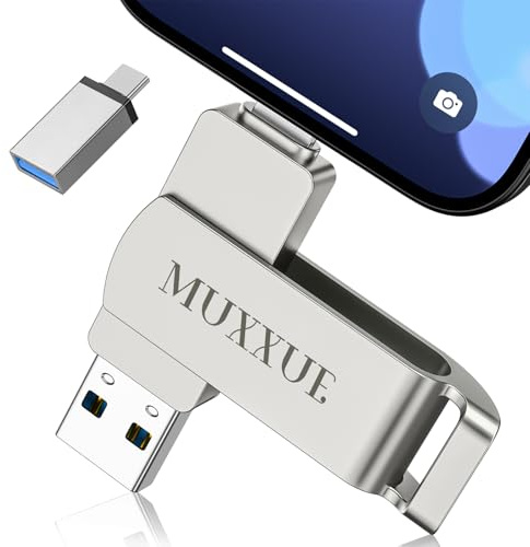 MUXXUE Cle USB iphone 256Go-Sans Application Requise,MFI Clé USB pour iphone/1Pad/Android/PC 3 en 1 avec iOS USB-C USB-A Stockage Externe pour Transfert de Photos, Vidéos et Films