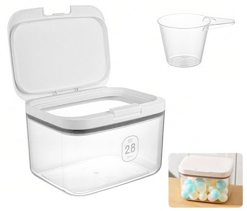 2.8L Laundry Detergent Storage Box with Lid & Measuring Cup, Large Capacity Washing Powder Dispenser, Dishwasher Pods Sealed Holder, Automatic Pop-Up Container for Food, Bath Bombs, Scent Booster