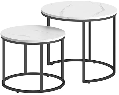 Couchtisch rund 2er Set für Wohnzimmer – Beistelltische im Loft-Design, ineinander schiebbar, Sofatische aus Holzwerkstoff und Stahl, modern, platzsparend (Marmor - Schwarz)