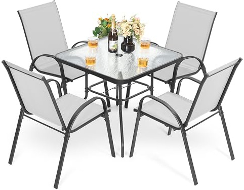 Avestar 5-teiliges Esssets für die Terrasse, Gartenmöbel Set, Essgruppe, Esstisch mit 4 stapelbaren Stühlen, Metall Gartentisch und Gartenstühle für Balkon, Garten, Grau und Schwarz
