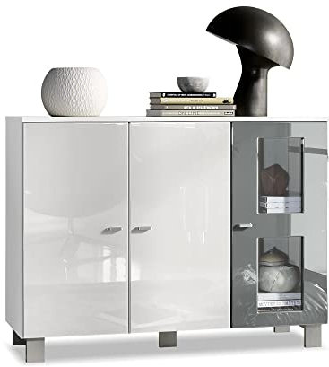 Vladon Sideboard Denjo, Made in Germany, Kommode mit 3 Türen, Weiß matt/Weiß Hochglanz/Grau Hochglanz (107 x 81 x 35 cm)