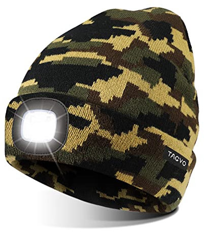 TAGVO LED Lighted Beanie Cap, USB Rechargeable Winter Warm Hats with 8 Lights, 2 Modes(Bright & Flashing Alarm), Running Camping Headlamp Knitted Skullies Beanie, Gifts for Men and Women, Camo Green
