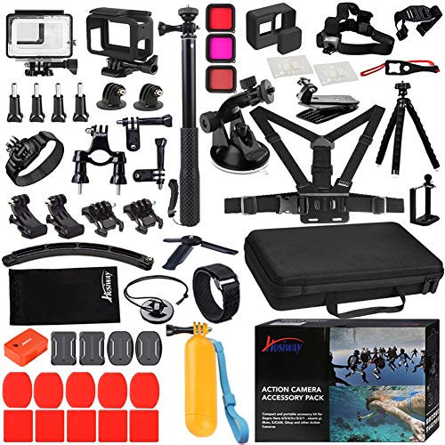 Husiway 68-in-1 Kit Accessori per GoPro Hero 7 6 5 Nero GoPro7 Action Camera Filtro Telaio Impermeabile Custodia Bundle 60A