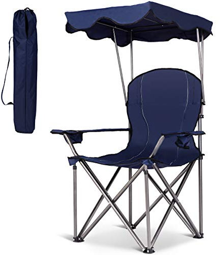 COSTWAY Campingstuhl mit Sonnendach, Angelstuhl mit Getränkehalter, Klappstuhl mit Tragtasche, Faltstuhl 120 kg belastbar, Anglerstuhl Ideal für Terrasse, Strand, Camping (Dunkelblau)