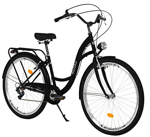MILORD. 26 Zoll 7-Gang schwarz Komfort Fahrrad mit Rückenträger, Hollandrad, Damenfahrrad, Citybike, Cityrad, Retro, Vintage