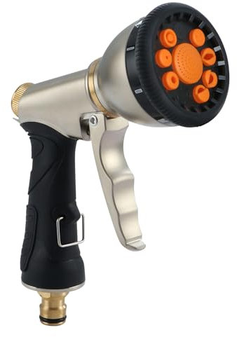 Fippy Pistola De Riego, Pistola Pulverizadora de Metal para Manguera de jardín, 9 Patrones Ajustables, Pistola de agua de metal resistente para riego de plantas, lavado de automóviles y mascotas