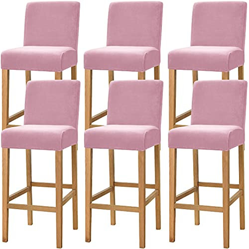 Dimatic Samt Plüsch Stuhl Abdeckung Theke Pub Bar Hocker Stuhl Slipcover für Esszimmer Cafe Barhocker Slipcover Möbelschutz Anti-Rutsch-Bezug mit elastischem Boden, 6er Set, Rose