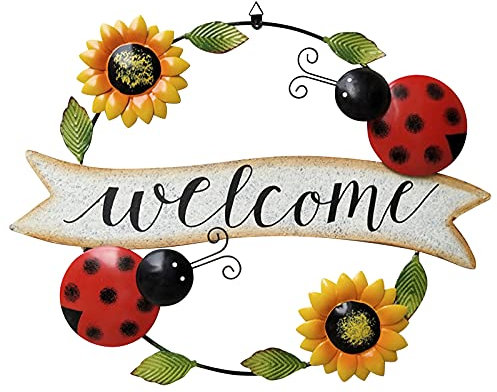 DriSubt Willkommen Garten Schild Biene Sonnenblume KäFer Gartenschilder Bienen Deko HaustüR Deko Biene Kranz Schmiedeeisen Garten-Deko (Sonnenblumen- und Käfer-Willkommensschild)