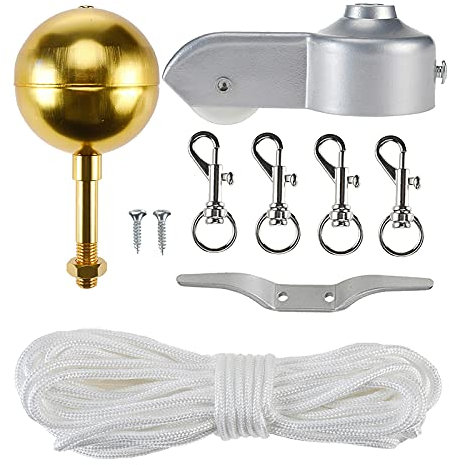Baoblaze Flag Pole Hardware Repair '' Topper Gold Ball 50 Ft Halyard Rope 4'' Cleat Hook 4 Flagpole Swivel