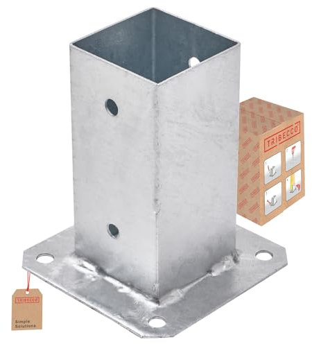 TRIBECCO® Piastra di ancoraggio con manicotto a vite per palo quadrato in legno, palo zincato a caldo manicotto per fissaggio a terra, supporto per recinzioni, piastra di base, 70 x 70 mm