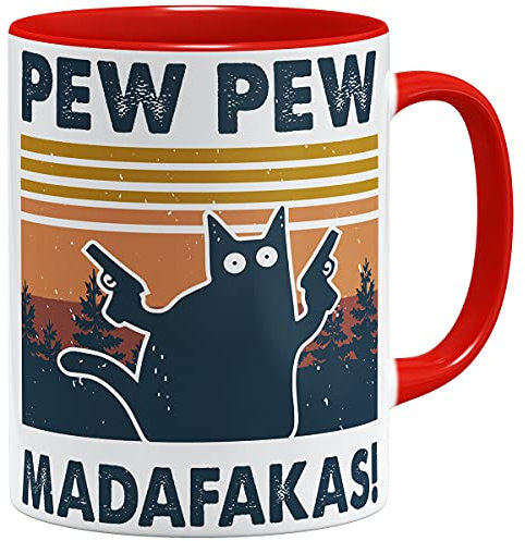 OM3® Pew Pew Madafakas Kaffee-Tasse mit Spruch Statement II - Keramik Becher - 11oz 325ml - Beidseitig Bedruckt - Rot