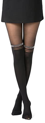Gi&Gi Collant Donna con Design a Cuore, Calze Eleganti in Nylon, Nero, Motivo Mock Over-Knee (IT, Testo, L, XL, Regular, Regular, Strisce nere)