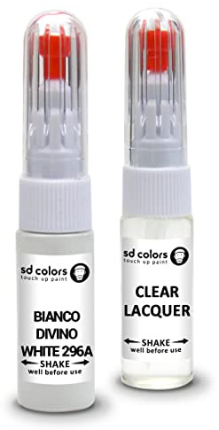 SD COLORS Bianco Divino 296A - Kit di Riparazione Con Penna per Ritocco Fiat New Touch Up 20 ML, Pennello per Capelli Graffio Codice Colore 296A (Verniciatura+Lacca)
