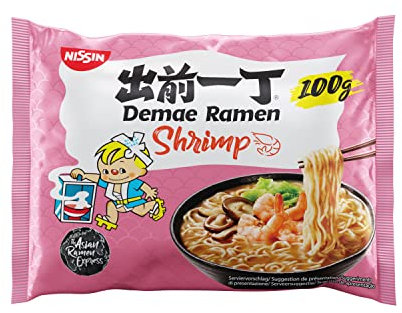 Nissin Demae Ramen – Shrimp, Einzelpack, Instant-Nudeln japanischer Art, mit Shrimp-/ Crevetten-Geschmack und asiatischen Gewürzen, schnell und einfach zubereitet, asiatisches Essen (1 x 100 g)