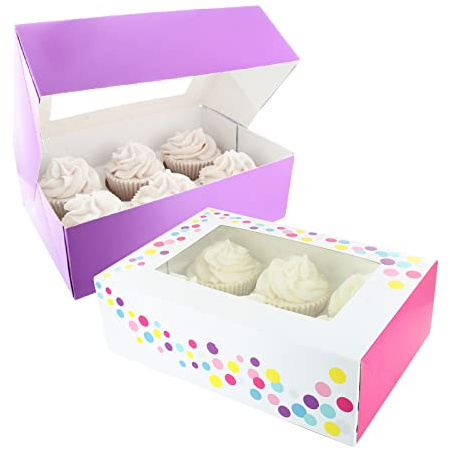 Baked with Love 650210 6/12 Cupcake Box, Twin Pack, Pink Confetti & Purple Windowed to Carry Tasty Treats, Includes Dual Insert for 6 Standard Cupcakes or 12 Mini Cupcakes, Pack of 2 Boxes