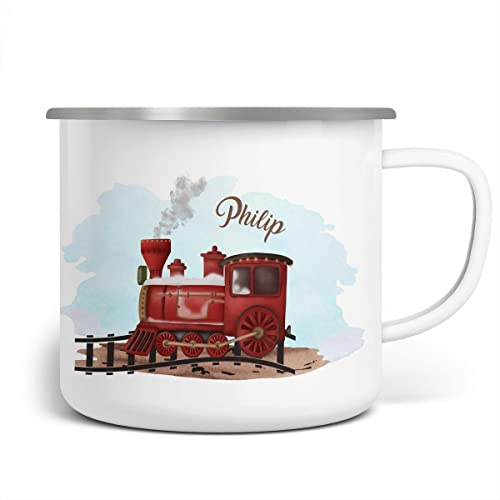 miKalino Emaille Tasse Dampflok personalisierte Kindertasse mit Wunschnamen bedruckt Emaille Becher Emailletasse | handbedrucktes Geschenk, Farbe:weisssilber, Grösse:300ml