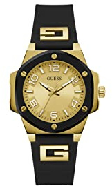 Guess Gold-Tone and Black Silicone Analog Watch