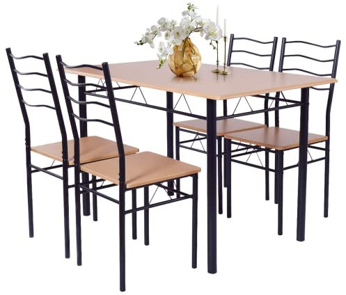 COSTWAY 5-teiliges Esstisch-Set, Küchentisch mit 4 Stühlen, Essgruppe mit hoher Rückenlehne, Sitzgruppe für Esszimmer, Küche, platzspar