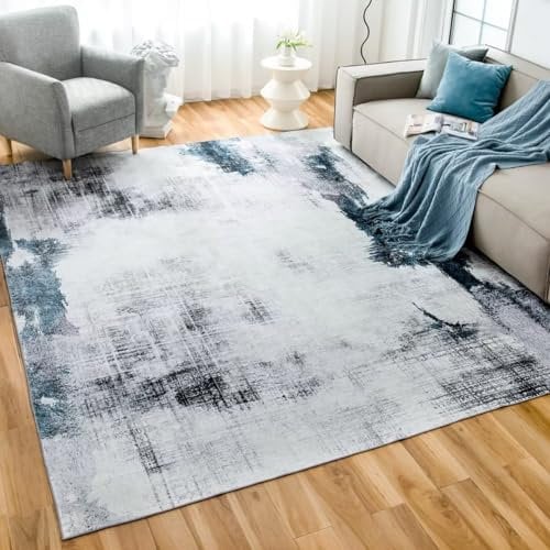 CHOSHOME Teppich Wohnzimmer Blau Waschbarer Teppich 120x170 In und Outdoor Teppich Kurzflor Modern Teppich Schlafzimmer Verwischt Design Teppich Groß Weiche rutschfest Waschbarer Teppich fur Balkon