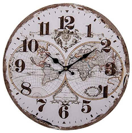 HAES DECO - Wanduhr 34 cm Vintage Off White mit Weltkarte - Ziffernblatt mit Zahlen - Runde MDF Uhr - Alte Weltkarte - Wanduhr Hängeuhr Küchenuhr