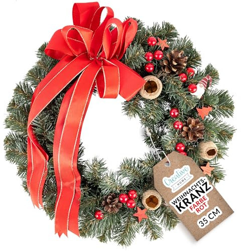 Creative Home Weihnachtskranz Rot Türkranz Weihnachten Tannenkranz Künstlich | Durchmesser 35 cm | Adventskranz für Haustür Wand Tisch | Indoor & Outdoor | Weihnachtsdeko | Winter Deko